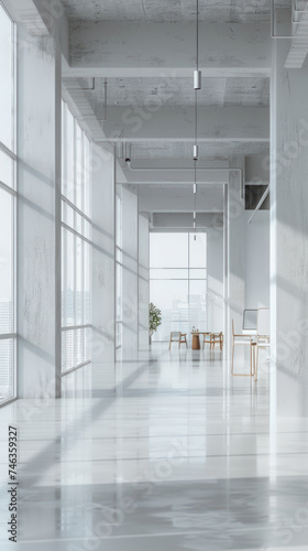 Towering view of a white open office, elegance in simplicity, mock-up wall drawing the eye