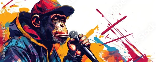 Vibrant hip-hop monkey and mic logo, energetic strokes isolated on white photo