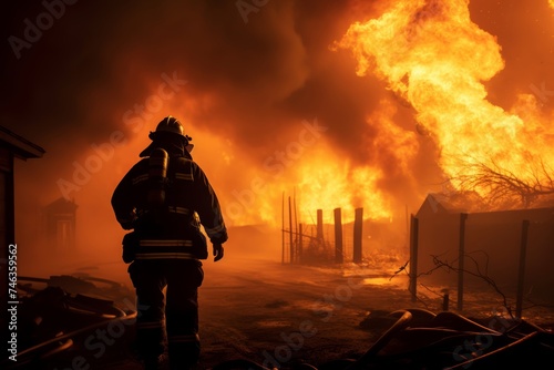 Firefighter battles a raging inferno, their silhouette outlined against the backdrop of smoke and flames as they heroically work to save lives and property