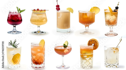 Glasses with various alcoholic cocktails in a row with fruits, white background. Header banner mockup with copy space,Wide assortment of freakish cocktails on a white background,
 photo