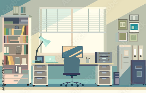Flat Vector Design of Workspace Landscape with Bookshelf in the Office