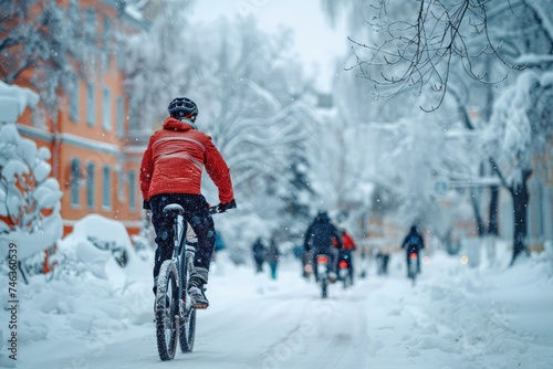 Winter Cyclists, Snow Bicycle, Winter Cycling in City, A Cyclist Rides Through a Snowy Town, Frosty Day