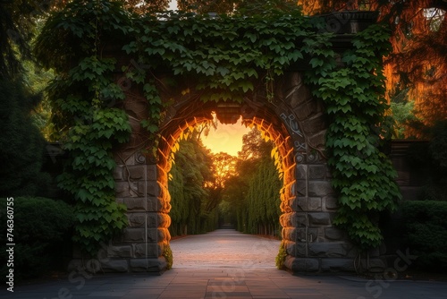 A majestic  stone archway overgrown with ivy  marking the entrance to an ancient kingdom at sunset. Soft light filters through the leaves  creating a magical  welcoming atmosphere.