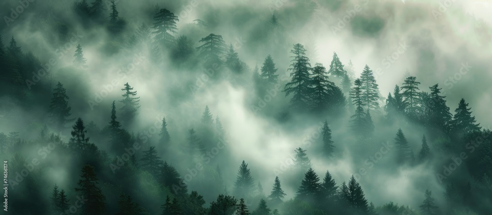 A dense forest shrouded in thick fog, with numerous tall trees standing ...