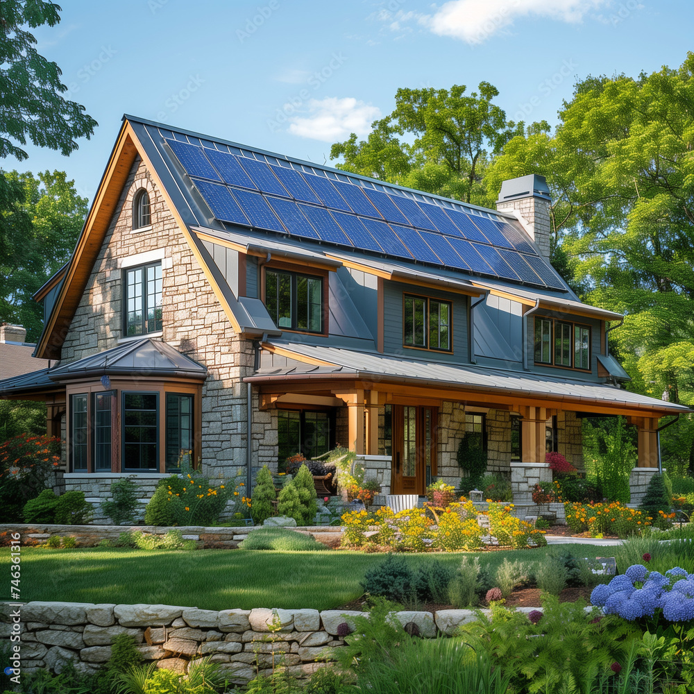 Eco-Friendly Stone House with Solar Panels and Lush Garden Eco-Friendly Stone House with Solar Panels and Lush Garden