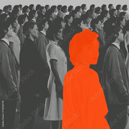 Orange female silhouette standing in monochrome crowd of people. Conceptual design. Social conformity versus personal identity. Concept of psychology, loneliness in society, difference