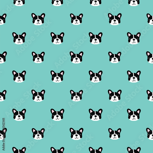 Seamless Pattern with Cartoon French Bulldog Fcae Design on Green Background © Supannee