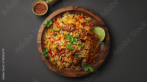 Top View Mutton Biryani on a Wooden Plate on a White Background