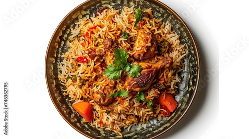 Top View of Chicken Biryani on Plate Isolated