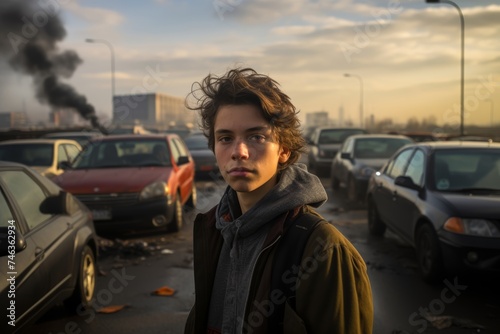 A boy teenager wearing a face mask with a backdrop of heavy traffic and visible car emissions © Hanna Haradzetska