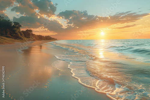 A secluded beach with calm, clear waters that gently lap the shore at sunrise.