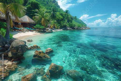 A tropical beach with palm trees swaying in the breeze and crystal clear waters. © Digitalphoto 4U