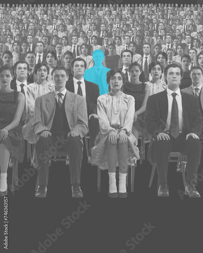 Blue silhouette of man sitting in monochrome crowd of people. Thinking different, being unique and free from social norms. Conceptual design. Concept of psychology, loneliness in society, difference