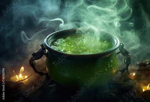 Halloween witch cauldron with potion on dark toned foggy background