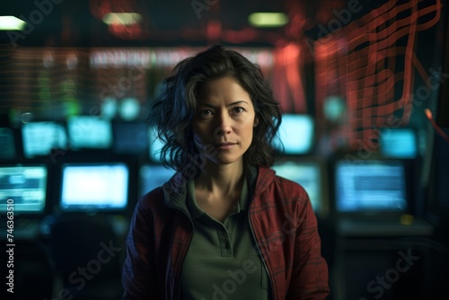 Portrait photograph of a male computer scientist in her late 40s, working on algorithms in a computer science lab, with computer monitors and servers behind her
