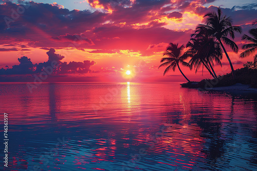 Sunset silhouettes with palm trees framing the horizon in shades of orange, pink and purple.