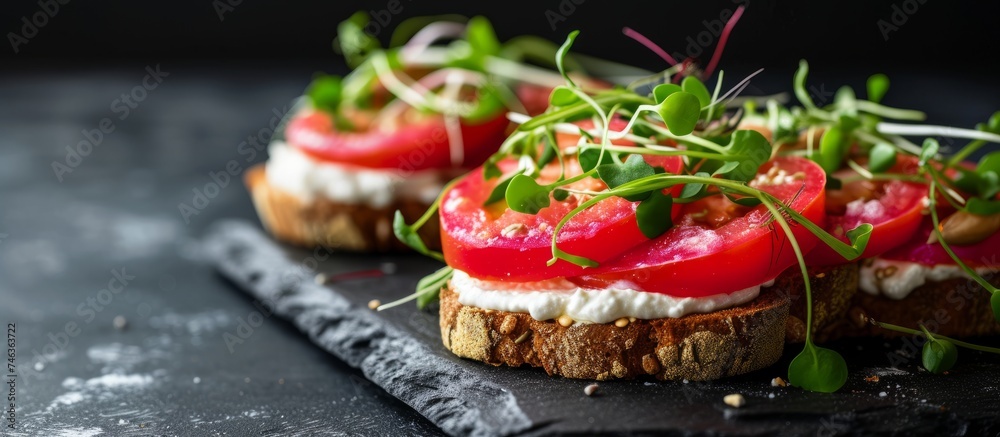 Delicious plate of food featuring fresh tomatoes and cheese, close up view for gourmet dining experience Delicious plate of food featuring fresh tomatoes and cheese, close up view for gourmet dining experience