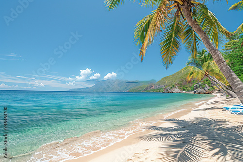 The palm trees that line the shoreline sway in the breeze. With the clear blue sky and turquoise sea as the backdrop.