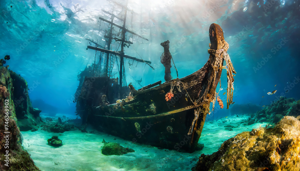 Ancient sunken pirate ship resting in the depths of the blue sea. Underwater photo - obrazy, fototapety, plakaty 