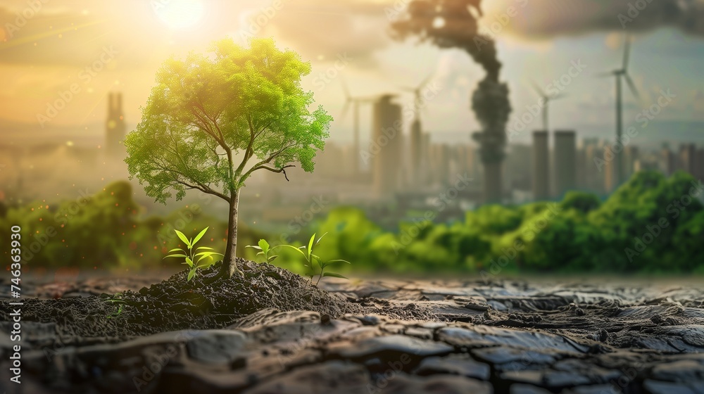 Decarbonization, featuring a vibrant green plant in the foreground with a CO2-emitting industrial chimney in the background, symbolizing the balance between industry and environmental sustainability. - obrazy, fototapety, plakaty 