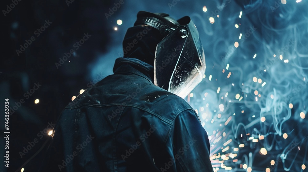 A skilled welder in protective gear meticulously joins metal parts using a welding torch in an industrial workshop, surrounded by sparks and equipment. - obrazy, fototapety, plakaty 