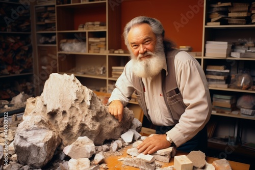 
Portrait photograph of a male geologist in his late 50s, standing amidst rock samples in a geology lab, explaining geological formations