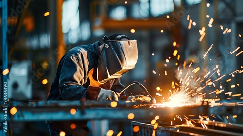A skilled welder in protective gear meticulously joins metal parts using a welding torch in an industrial workshop, surrounded by sparks and equipment. photo