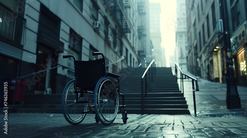 An empty wheelchair abandoned at the bottom of a concrete staircase outdoors, highlighting the challenges and barriers faced by individuals with disabilities in urban environments #746363935