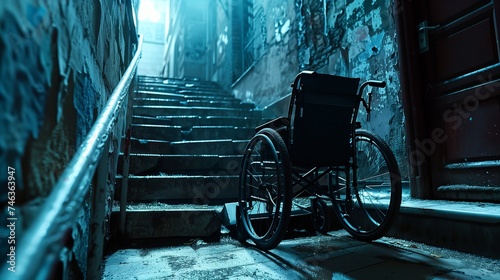 An empty wheelchair abandoned at the bottom of a concrete staircase outdoors, highlighting the challenges and barriers faced by individuals with disabilities in urban environments photo