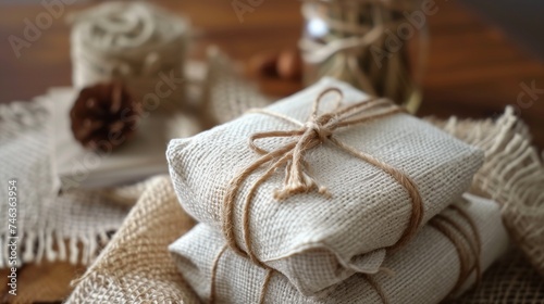 Eco-friendly zero waste gift wrapping concept showcasing handcrafted packaging using organic, biodegradable materials like textiles and natural fabric, promoting sustainable gifting.