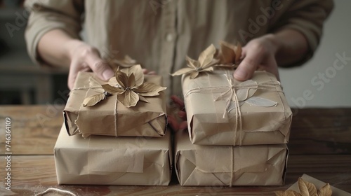 Eco-friendly zero waste gift wrapping concept showcasing handcrafted packaging using organic, biodegradable materials like textiles and natural fabric, promoting sustainable gifting. photo