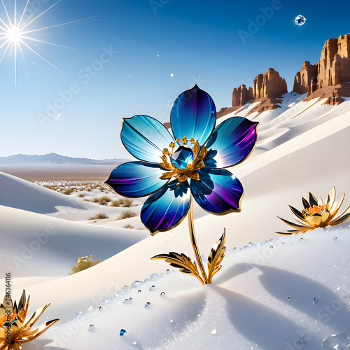 A cosmos flower, crafted from crystal glass, gemstones, and gold, stands elegantly against a desert backdrop, radiating surreal beauty amidst falling snow.(Generative AI)  © chulyoung