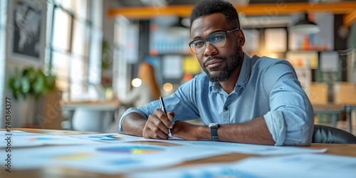 A focused businessman at a modern office desk working on paperwork.