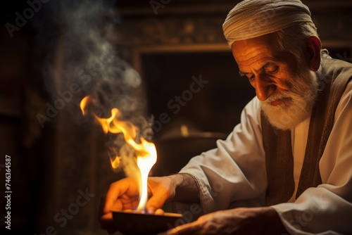  Zoroastrian priest tending to the eternal flame in a sacred Iranian fire temple