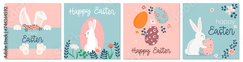Happy Easter hand drawn square greeting cards in a flat style. Cute vector design with bunny, Easter eggs, flowers, plants and text in pastel colors. For posters, banners, covers and social media.
