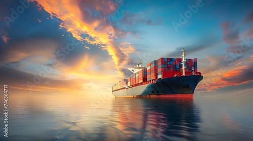 Cargo Ship at Sunset with Bold Primary Colors