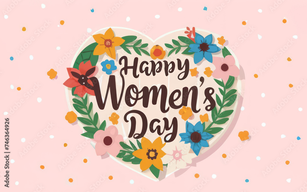 Heart-shaped 'Happy Women's Day' message adorned with a vivid array of flowers and festive dots Heart-shaped 'Happy Women's Day' message adorned with a vivid array of flowers and festive dots