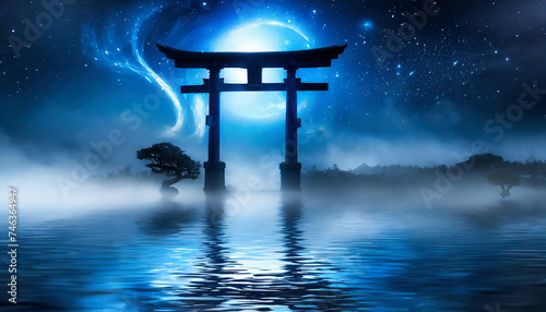 Silhouette of Torii gate in the middle of a foggy lake with full moon photo