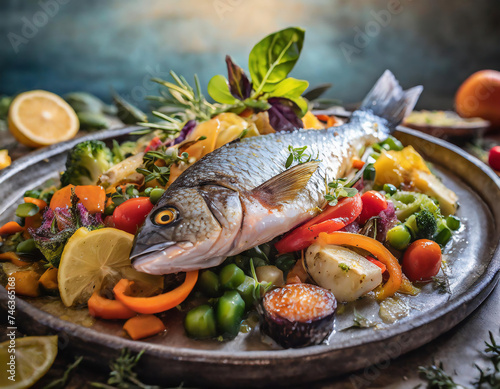 close up view of whole fresh sea bream fish on bed of colorful vegetables
