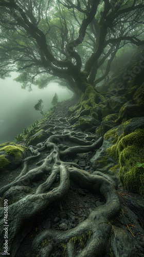 large mossy trees in the laurel forest of Madeira, large twisted tree roots in the foreground leading to trees,generative ai © Krisana