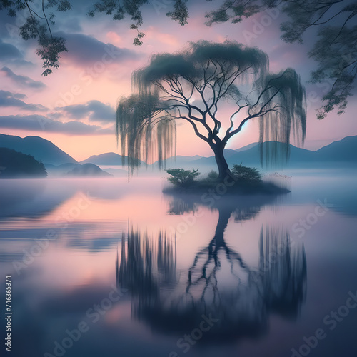Serene Twilight Weeping Willow Reflections on Water  Generative AI