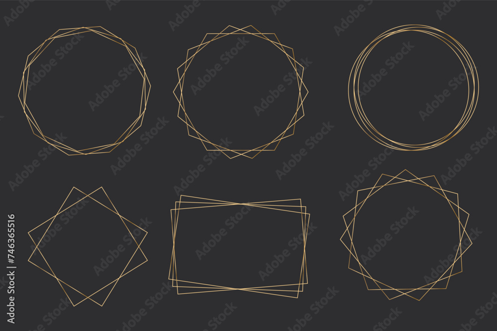 Set elegant golden thin line frames different shapes on the dark background. Perfect border design for headline, text decor and sale banner. Vector