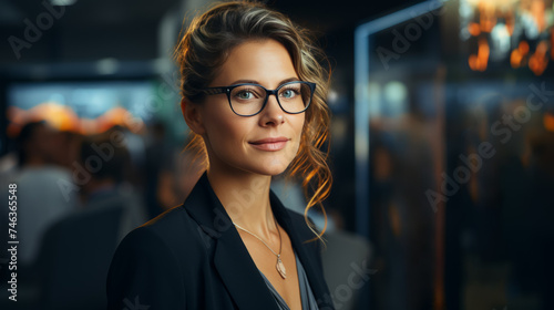 Close Portrait of a proud caucasian Business Woman with glasses and long curved hair and blue jacket with a blurry office in background