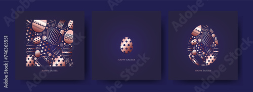 Set of Easter cards. Premium design.  Eggs in rose gold color on a dark blue background. Vector illustration