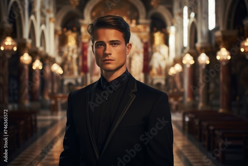  Young Catholic priest standing inside the magnificent interior of an Italian cathedral