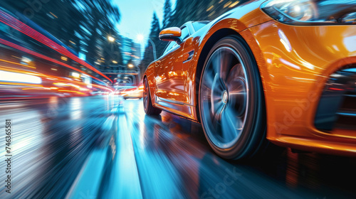 Close-up beside the front of a sport car with a colorful speed blur inside a dusk suburb of a city as a blurry background
