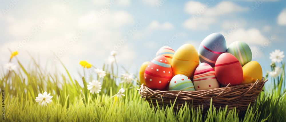 Fototapeta premium Small basket with many colored and painted Easter Eggs put in the grass with some flowers and a very sunny day with a blurry background