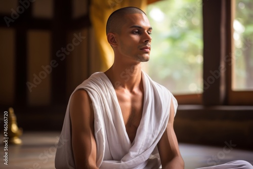
Youthful Jain monk in his 20s observing silence during meditation in a serene Indian ashram