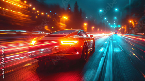 View behind the back of a sport car with a colorful high speed blur traces on a night road with trees and streetlights as a blurry background