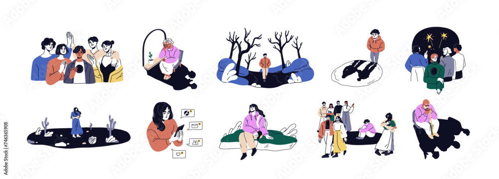 Loneliness, psychology concept set. Lonely people in solitude. Single introvert character, solitary, sad outcast alone, feeling sadness. Flat graphic vector illustrations isolated on white background - obrazy, fototapety, plakaty 